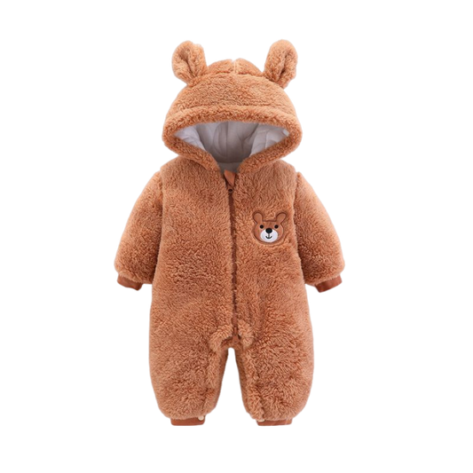 Brun teddy-fleece babyoverall med huva och öron, mjuk och varm vinteroverall med nallemotiv och dragkedja för nyfödda och småbarn.