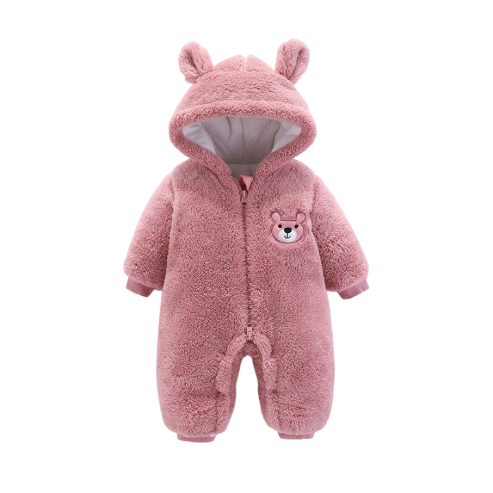 Rosa teddy-fleece babyoverall med huva och öron, mjuk och varm vinteroverall med nallemotiv och dragkedja för nyfödda och småbarn.