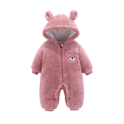 Rosa teddy-fleece babyoverall med huva och öron, mjuk och varm vinteroverall med nallemotiv och dragkedja för nyfödda och småbarn.