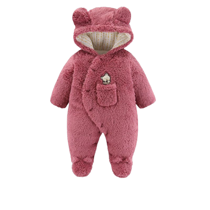 Rosa teddy-fleece babyoverall med huva och öron, mjuk och varm vinteroverall med ficka och nallemotiv för nyfödda och småbarn.