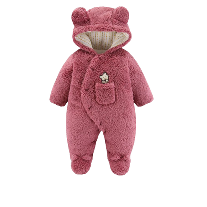 Rosa teddy-fleece babyoverall med huva och öron, mjuk och varm vinteroverall med ficka och nallemotiv för nyfödda och småbarn.